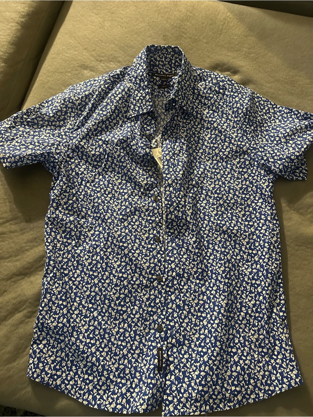 Michael Kors Blue and White Short-Sleeve Printed Button-Down Shirt